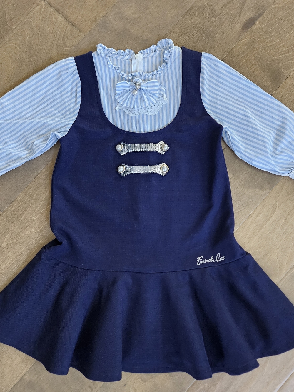 Navy Blue & Light Blue Striped Girls Dress 8Y